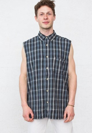 VINTAGE BLUE CHECKERED FLANNEL TANK SHIRT TOP
