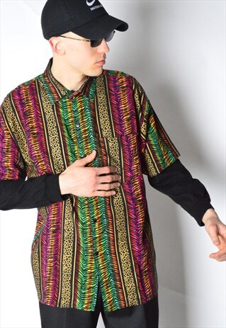VINTAGE 80S COLOURFUL FUNKY FESTIVAL SHORT SLEEVE SHIRT