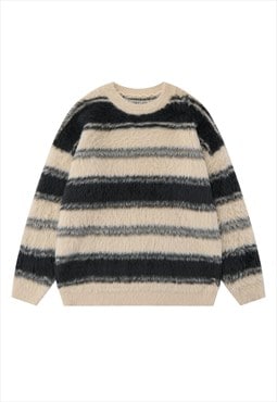 Striped sweater fluffy knitted jumper soft fleece in cream