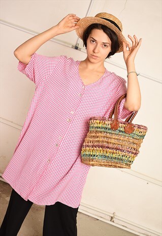 90'S RETRO CHECKED FESTIVAL PARIS CHIC BLOUSE TOP