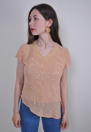 80S BEIGE V-NECK PULLOVER BLOUSE WITH FLOWER EMBROIDERY