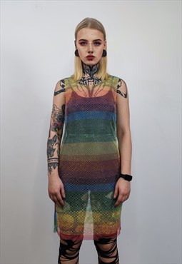 Transparent rainbow dress sleeveless Gay pride mesh gown