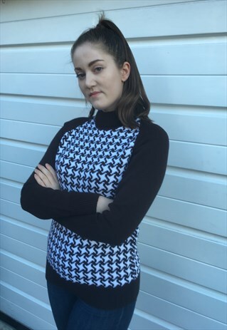 WOMENS VINTAGE 80S BROWN WHITE PATTERNED TURTLE NECK JUMPER