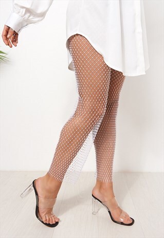 WHITE MESH RHINESTONE DIAMANTE TROUSERS