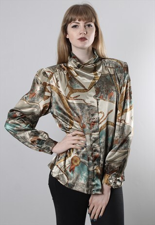 VINTAGE 80S SATIN PATTERNED BLOUSE TOP