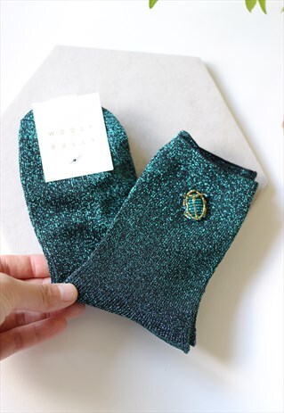 TEAL LUREX BEETLE EMBELLISHED SOCKS