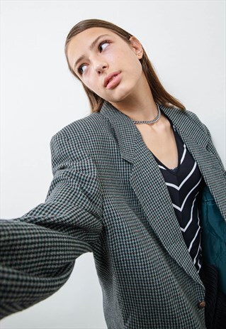 VINTAGE 80S BLUE OVERSIZED HOUNDSTOOTH BOYFRIEND BLAZER XL