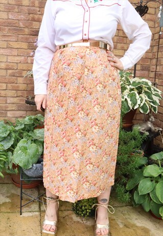 Vintage 80s Orange Cottage Floral Flower Festival Maxi Skirt