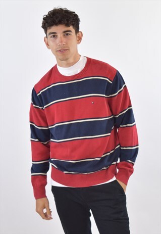 VINTAGE 90S BLUE RED STRIPED TOMMY HILFIGER SWEATER