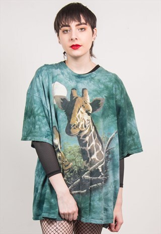 VINTAGE 90'S GREEN TIE DYE GIRAFFE T-SHIRT