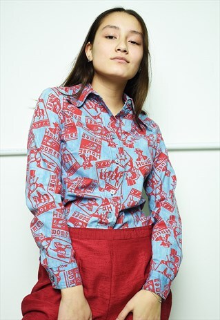 VINTAGE 70S RETRO MOD CIRCUS PRINT COTTON SHIRT TOP