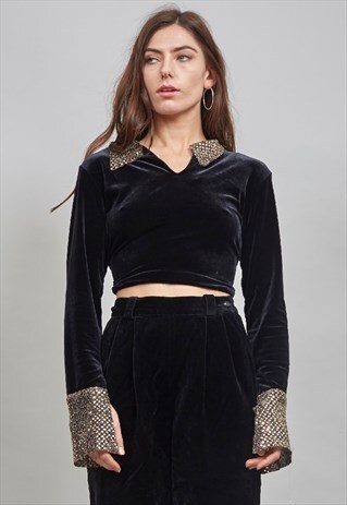 VINTAGE 90'S BLACK VELOUR SEQUIN COLLARED CROP TOP