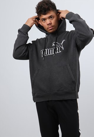 VINTAGE PUMA LARGE GREY EMBROIDERED LOGO HOODIE