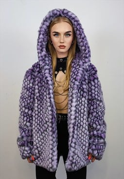 Checked faux fur hooded jacket geometric bomber rave coat 