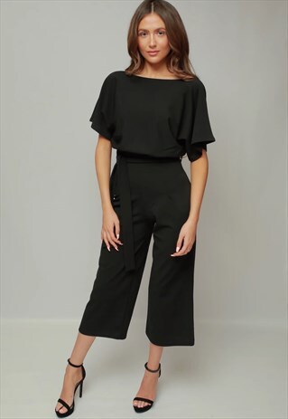 JESSICA BLACK BATWING BELTED CULOTTE JUMPSUIT