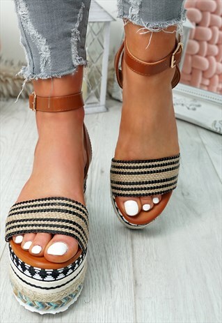 WOMENS TRIBAL ANKLE STRAP ESPADRILLE PLATFORM BLACK SHOES