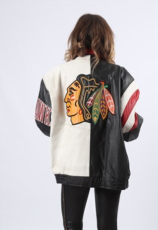 LEATHER BOMBER JACKET CHICAGO BLACKHAWKS NHL UK 18 (H3A)