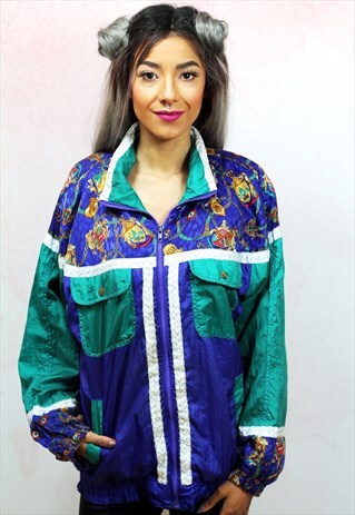 1990S VINTAGE GREEN AND BLUE CHAIN PRINT SHELL TRACK JACKET