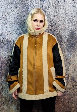 FAUX FUR BIKER JACKET FLUFFY FLEECE AVIATOR BOMBER IN BROWN