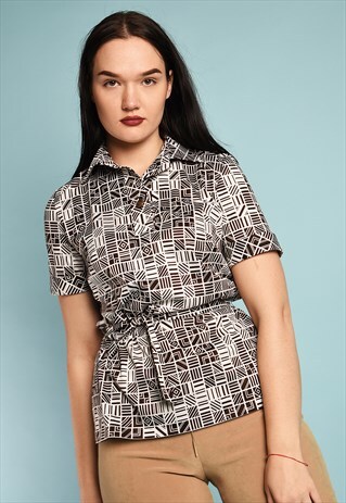 VINTAGE 70S RETRO ABSTRACT MOD PRINT MINIMALIST LYCRA BLOUSE