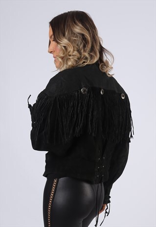 SUEDE LEATHER FRINGE TASSEL JACKET VINTAGE UK 14 (M5Q)