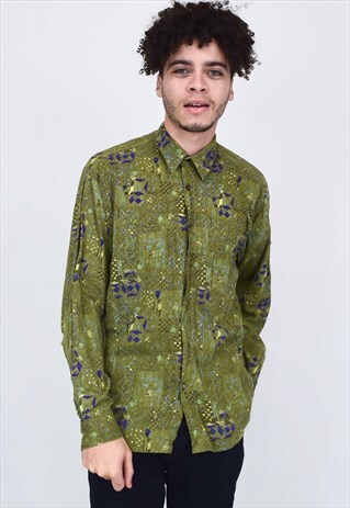 VINTAGE 90'S GREEN PRINTED BUTTON UP SHIRT