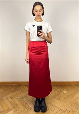 Red High Waist Silky Long Skirt, Satin Maxi Skirt