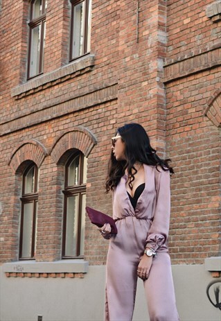 PINK SILK JUMPSUIT WITH LONG SLEEVES