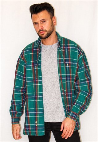 VINTAGE GREEN PLAID FLANNEL SHIRT