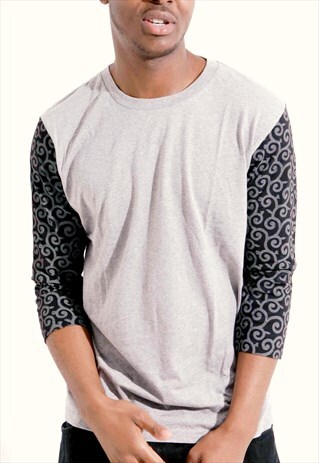 LONG SLEEVE T-SHIRT GREY WITH JAPANESE KARAKUSA PATTERN