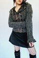 90S RETRO WHIMSY GOTH GREY FAUX FUR PATCHWORK ZIP CARDIGAN