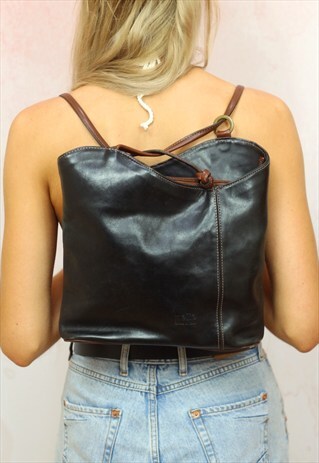 1990S VINTAGE JET BLACK AND TAN REAL LEATHER BACKPACK