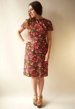 1960's Vintage Cotton Bright Printed Shift Wiggle Dress