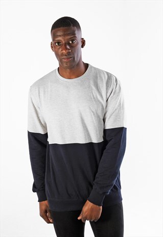 CONTRAST BLOCK JUMPER SWEATER PULLOVER - HEATHER GREY/NAVY
