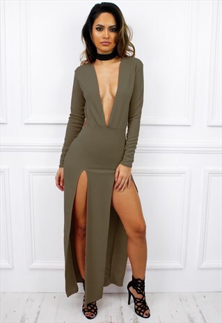 KHAKI PLUNGE LOW V LONG SLEEVE SLIT MAXI BODYCON DRESS