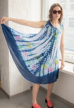 Vintage Blue Tie-Dye Rayon Wide Midi Dress