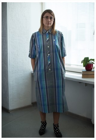 VINTAGE 80'S MIDI BLUE CHECKED DRESS