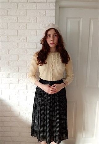 'POLLY' VINTAGE FRILLY PASTEL YELLOW BUTTON UP SWEATER