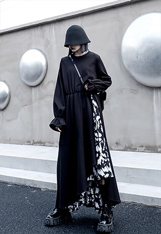 IRREGULAR SPLIT LAYERED LONG-SLEEVED DRESS