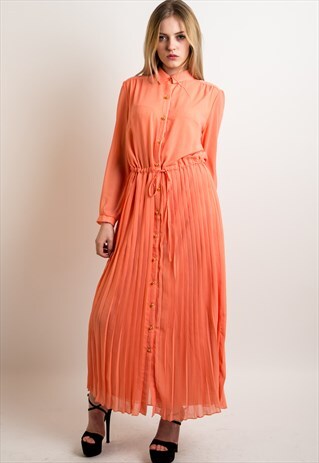 FULL LENGTH PLEATED LONG SHIRT DRESS WEDDING IN ORANGE