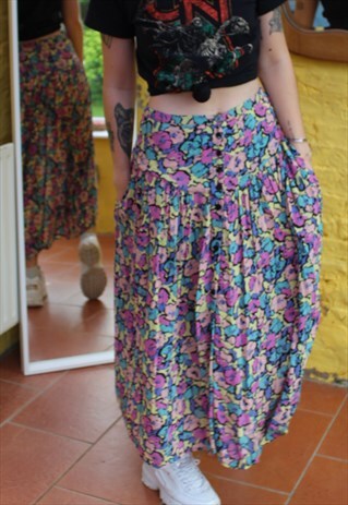 VINTAGE 80'S PINK FLORAL PATTERN BOHO SKIRT SIZE 10 12