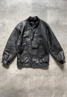 Vintage Y2K 00s real leather bomber jacket in black