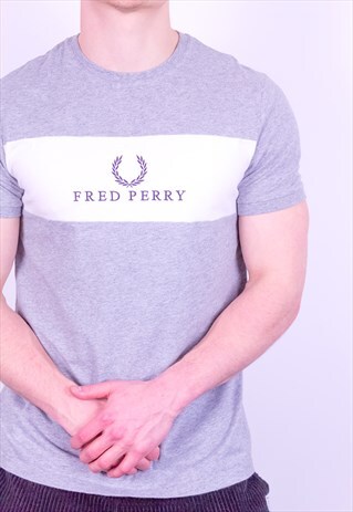 VINTAGE FRED PERRY EMBROIDERY SPELL OUT T-SHIRT IN GREY