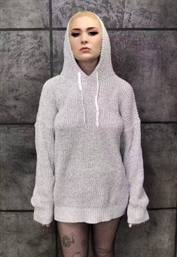 Knitted hoodie long lace knitwear pullover in grey