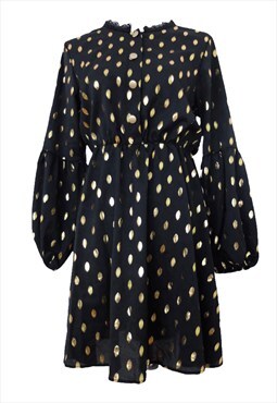 Vintage Mini Dress 2000s Y2K Black & Gold Polka Dot Button