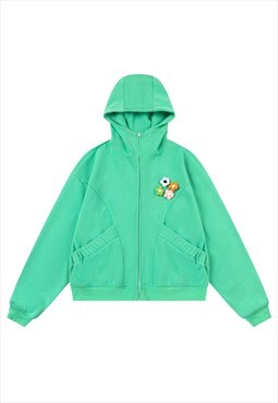 Raised neck hoodie cropped pullover big pocket jumper green