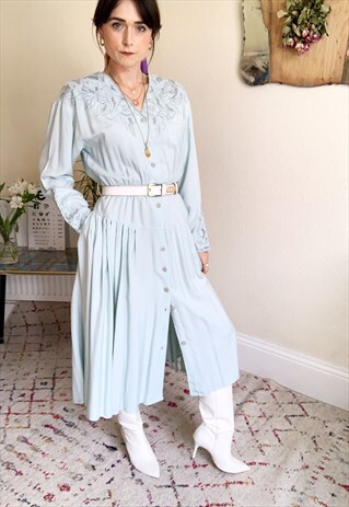 TURQUOISE COTTON EMBROIDERED LONG SLEEVE DRESS