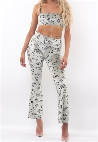 CAMI CROP TOP & FLARES CO-ORD IN MUSIC NOTE VELVET