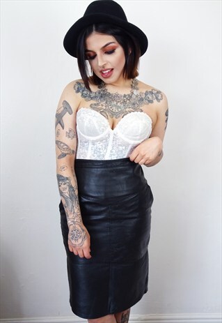 BLACK LEATHER VINTAGE MIDI SKIRT