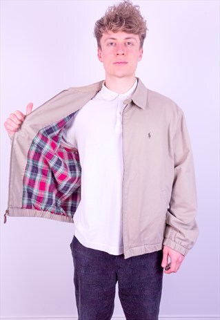 VINTAGE RALPH LAUREN CHECK LINED HARRINGTON JACKET IN BEIGE